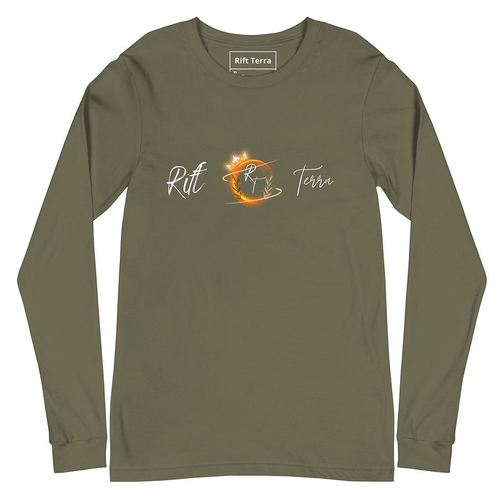 Thumbnail: Olive green Unisex Long Sleeve Tee with Rift Terra logo and text.