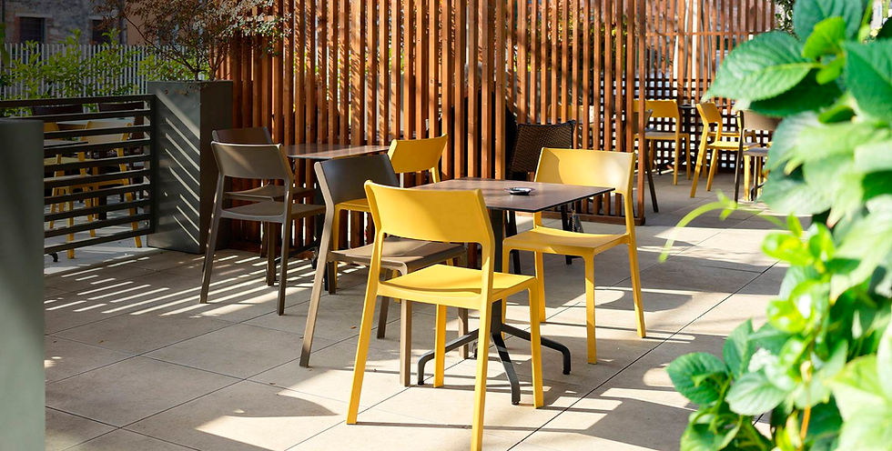 a set of tables and chairs in a restaurant