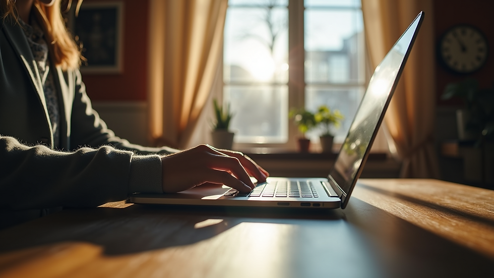 Eye-level view of a person working on a laptop in a cozy workspace