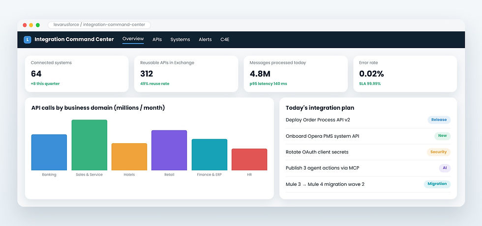 Levarus Force MuleSoft consulting partner - API integration command center dashboard