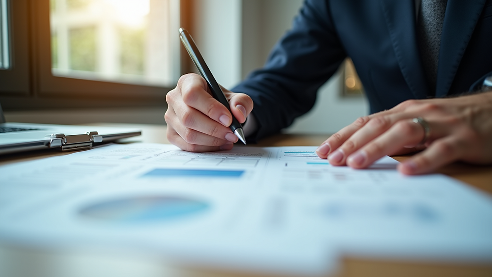 Eye-level view of a person analyzing financial documents