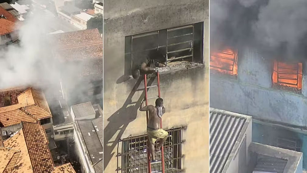 Fábrica está incendiando e pessoas tentam fugir em escadas improvisadas