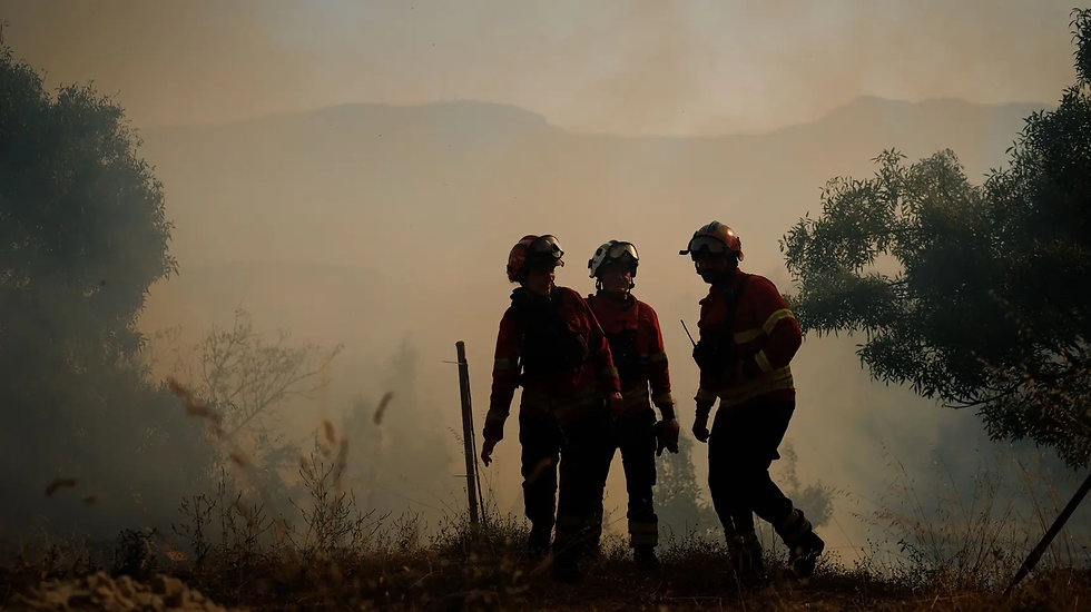 Bombeiros caminham em área com muito fumo branco
