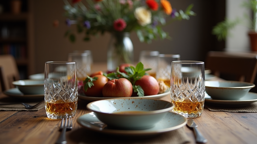 Eye-level view of a rustic wooden table with Scottish dishes and whisky glasses