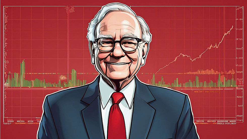 Warren Buffett illustration with an upward stock chart representing his successful value investing strategy based on buying great undervalued businesses and patiently letting their earnings compound; these value investing concepts are also successfully practiced by Bartoli Value Capital.