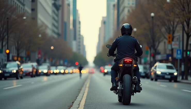 Vista a nivel de calle de una moto lineal detenida junto a un agente de policía en una vía urbana