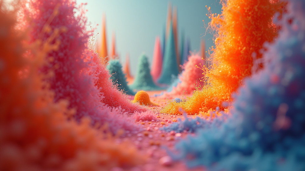 Eye-level view of a vibrant art installation featuring various colors and textures
