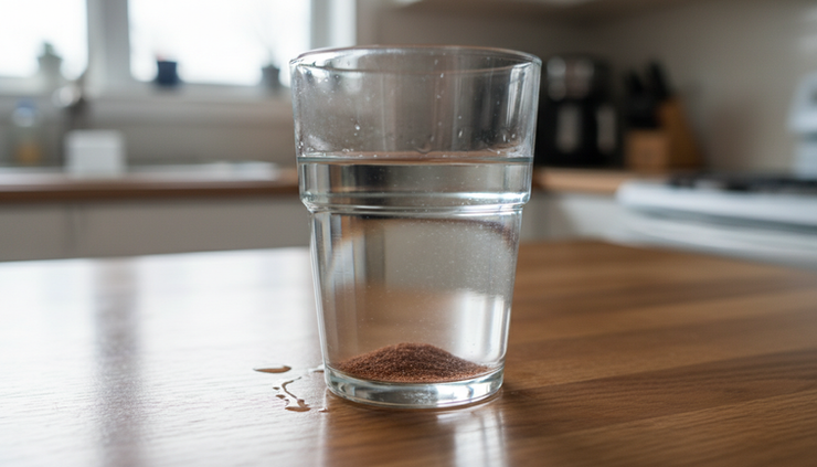 Close-up view of a clear glass of well water with faint reddish sediment at the bottom.
