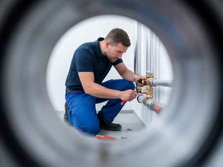 Man down on one knee looking at pipes.