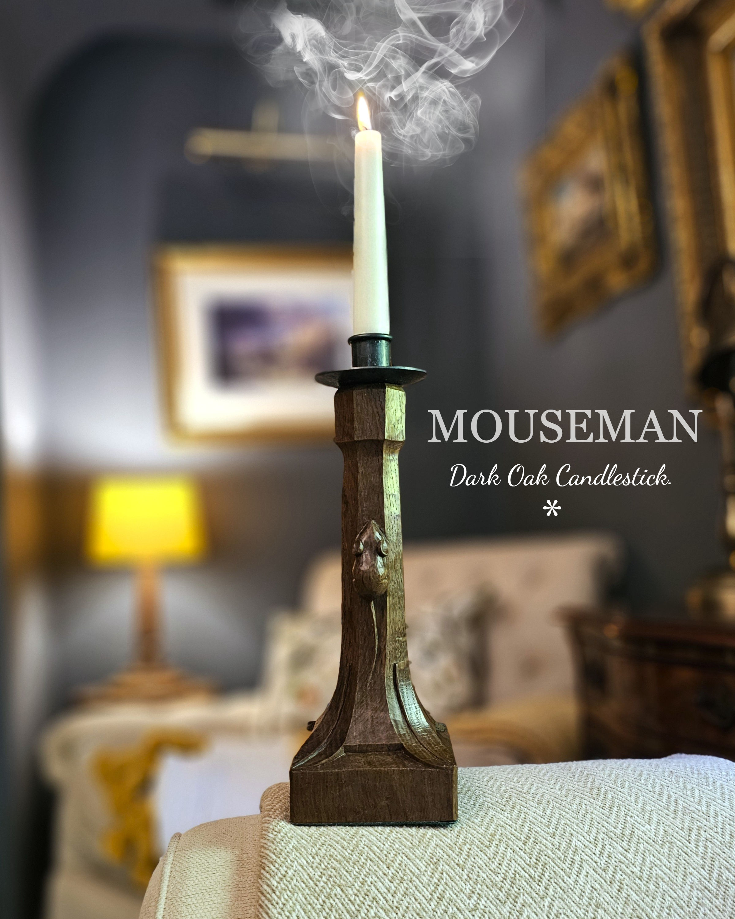 Robert 'Mouseman' Thompson Hand Carved Dark Oak Candlestick