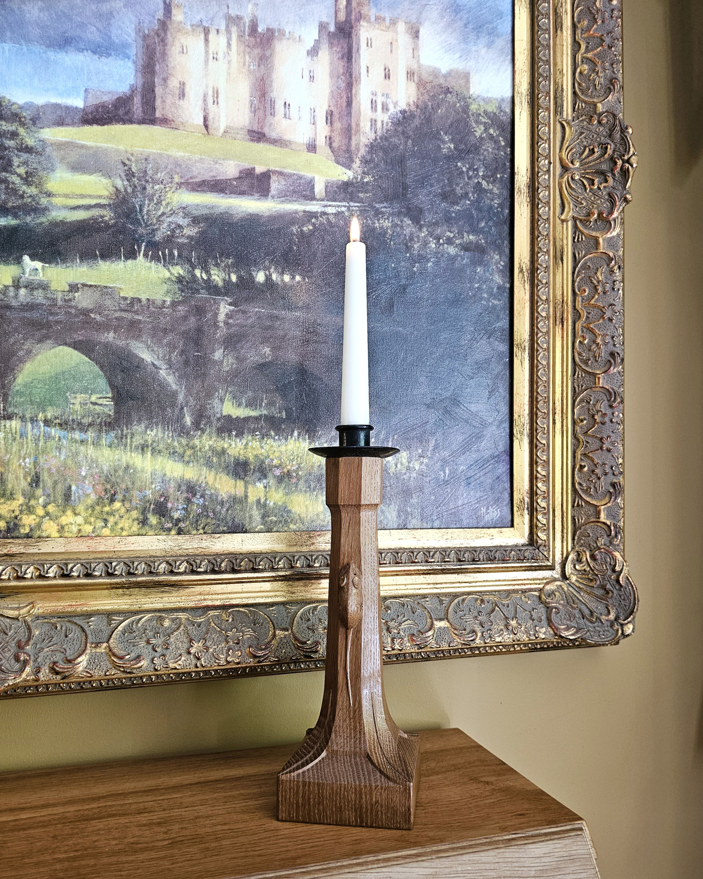 Robert 'Mouseman' Thompson Hand Carved Oak Candlestick