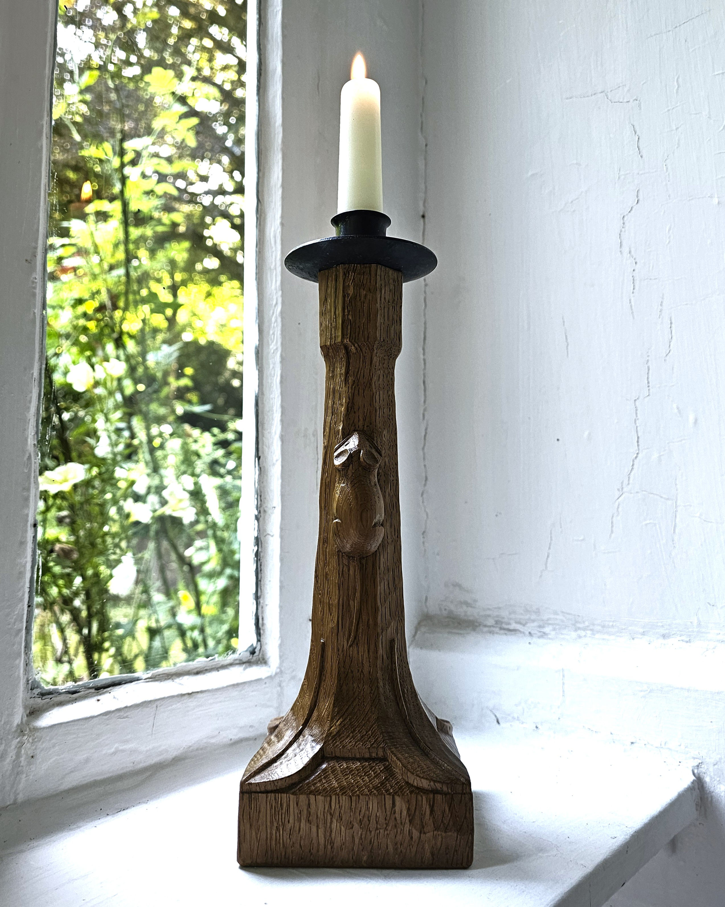 Robert 'Mouseman' Thompson Hand Carved Character Oak Candlestick