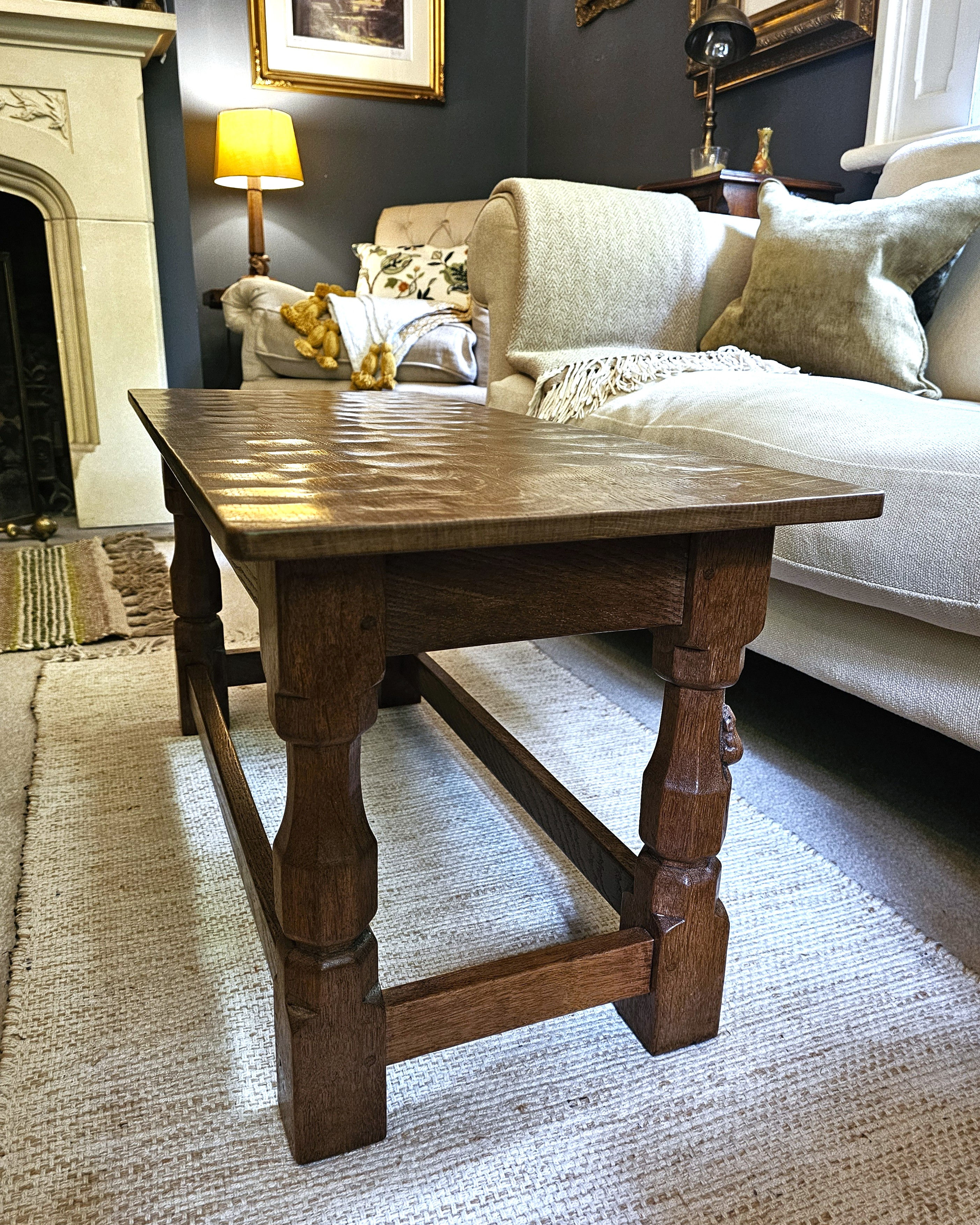 Rare 1960s Robert 'Mouseman' Thompson Oak Long Fireside Stool / Coffee Table