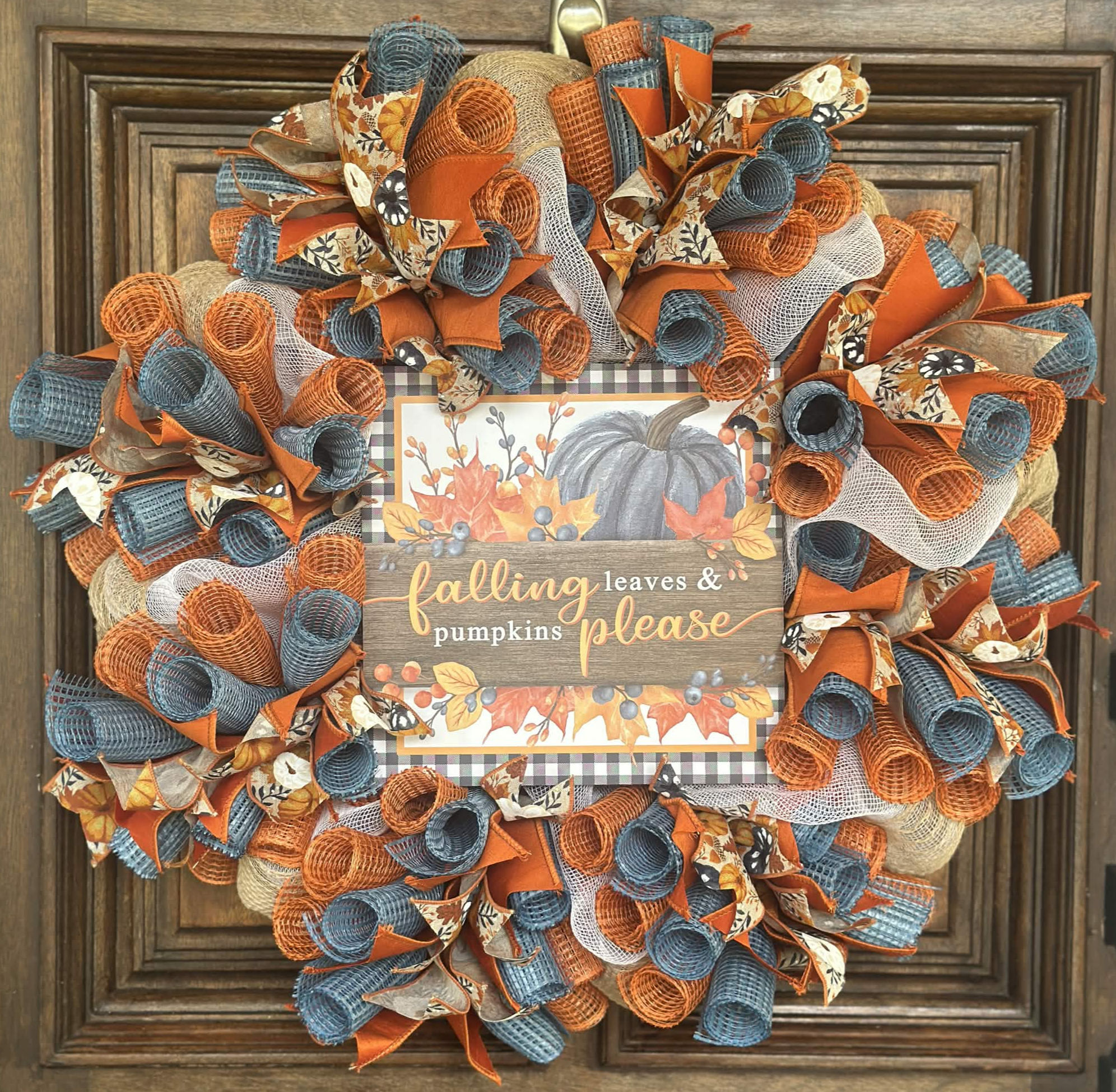 The Blue Pumpkin & Falling Leaves Deco Mesh Wreath