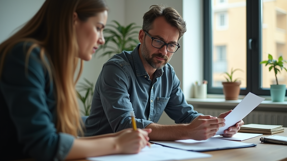 Close-up view of a mentor and mentee discussing educational materials