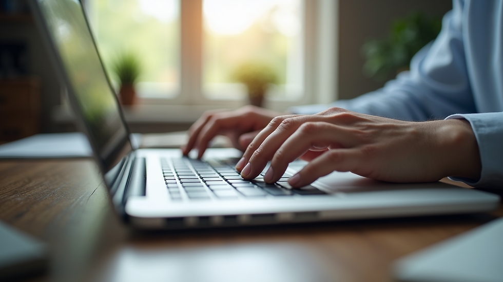 Close-up view of a person typing on a laptop keyboard during an online legal consultation