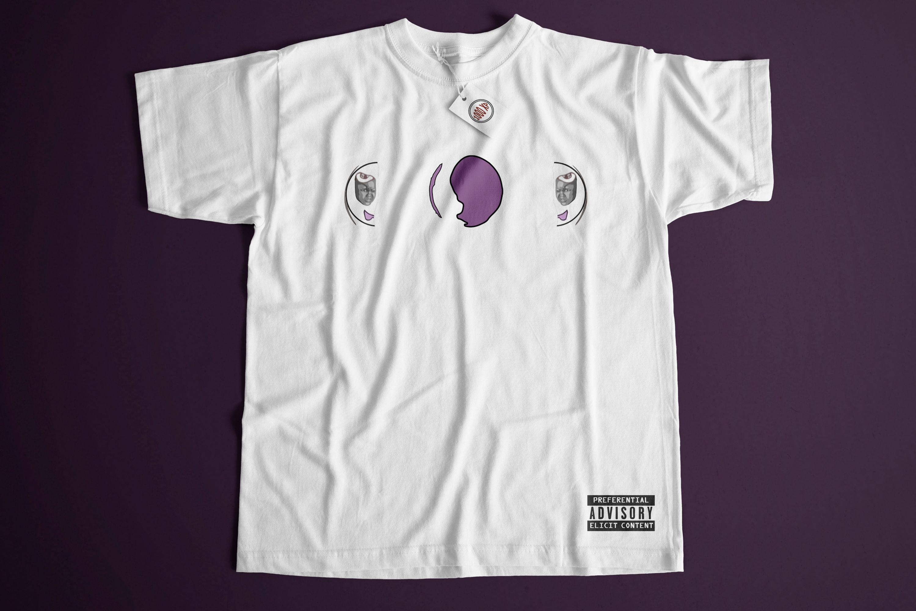 White t-shirt with purple face design