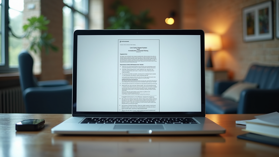 Eye-level view of a laptop on a desk with a legal document on screen