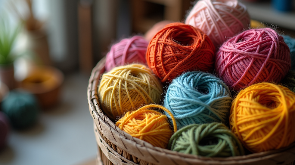 High angle view of yarn balls organized by color in a creative workspace
