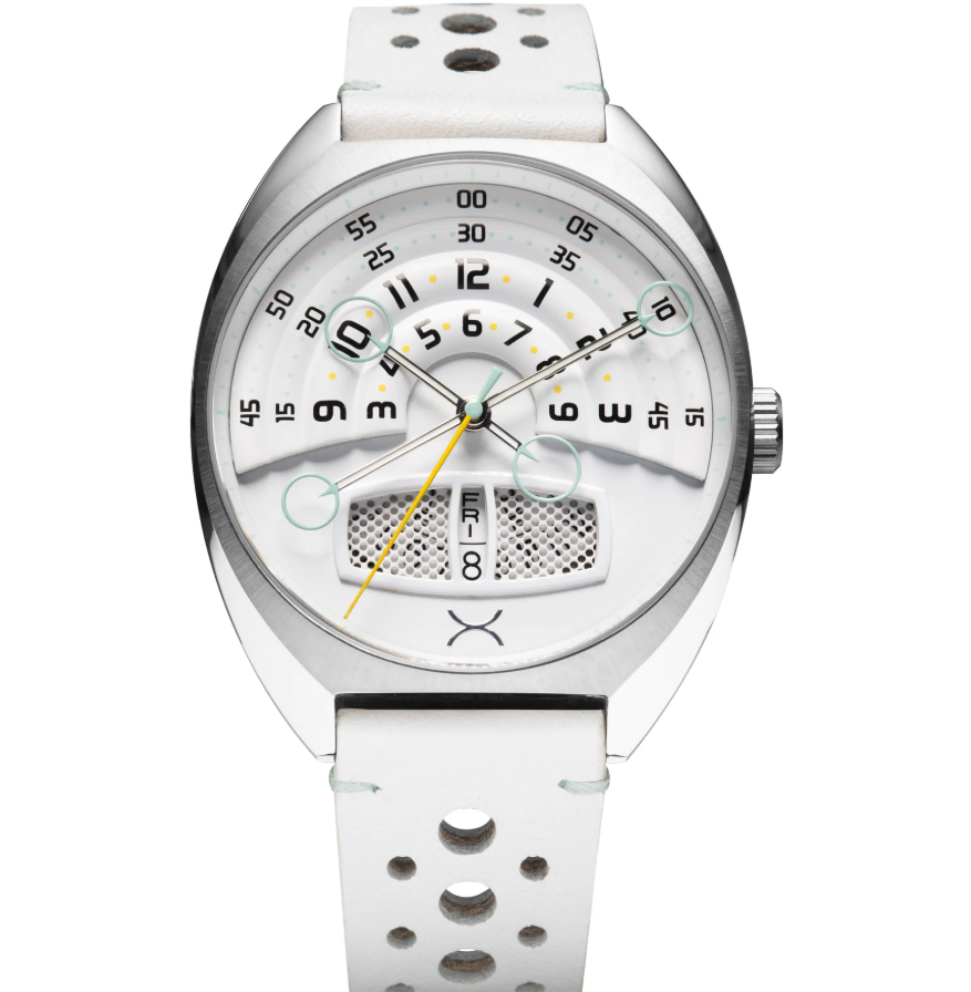 White analog watch with unique design