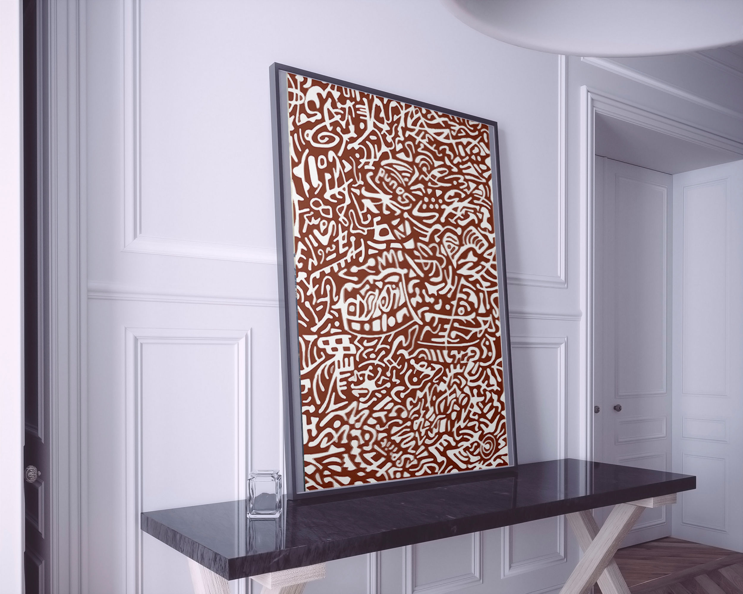 Abstract art print, brown and white design