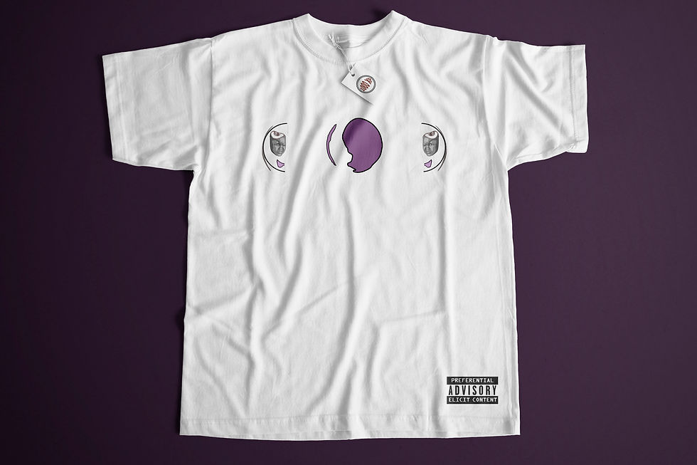 White t-shirt with purple face design