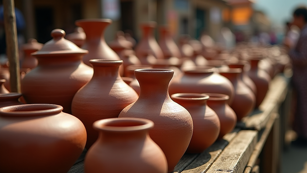 High angle view of traditional pottery displayed at cultural festival