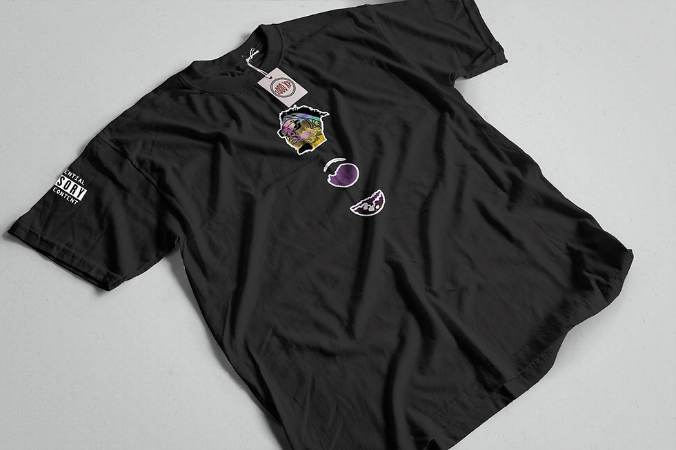 Black t-shirt with colorful patches