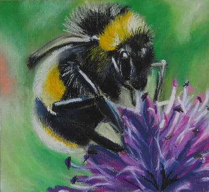 Bumblebee Feast framed original oil pastel by MidLifeArtist – joyful live painting with thick texture and bright summer colors