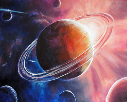 One-of-a-kind 20×16 acrylic of Saturn eclipsing its sun – painted live. Bold cosmic art by S. Stephenson.