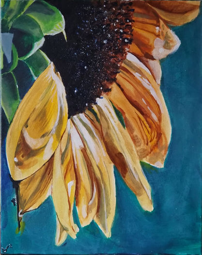 Sunflower and The Fly framed original acrylic painting by MidLifeArtist – bold sunflower with hidden fly detail