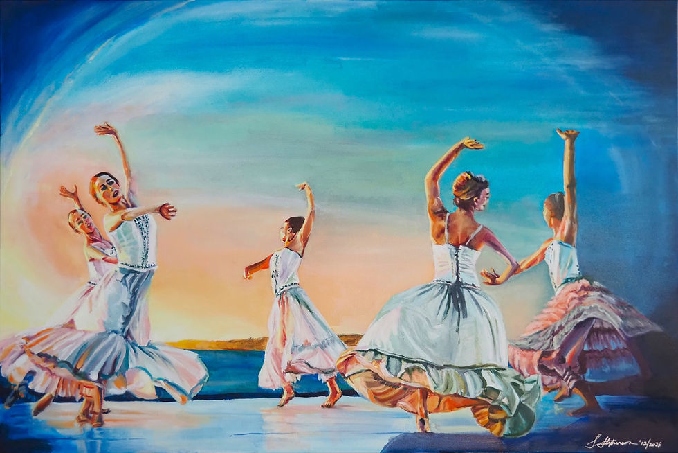 Rehearsal at Dusk original oil over acrylic painting by MidLifeArtist – five young ballerinas in golden twilight on stage
