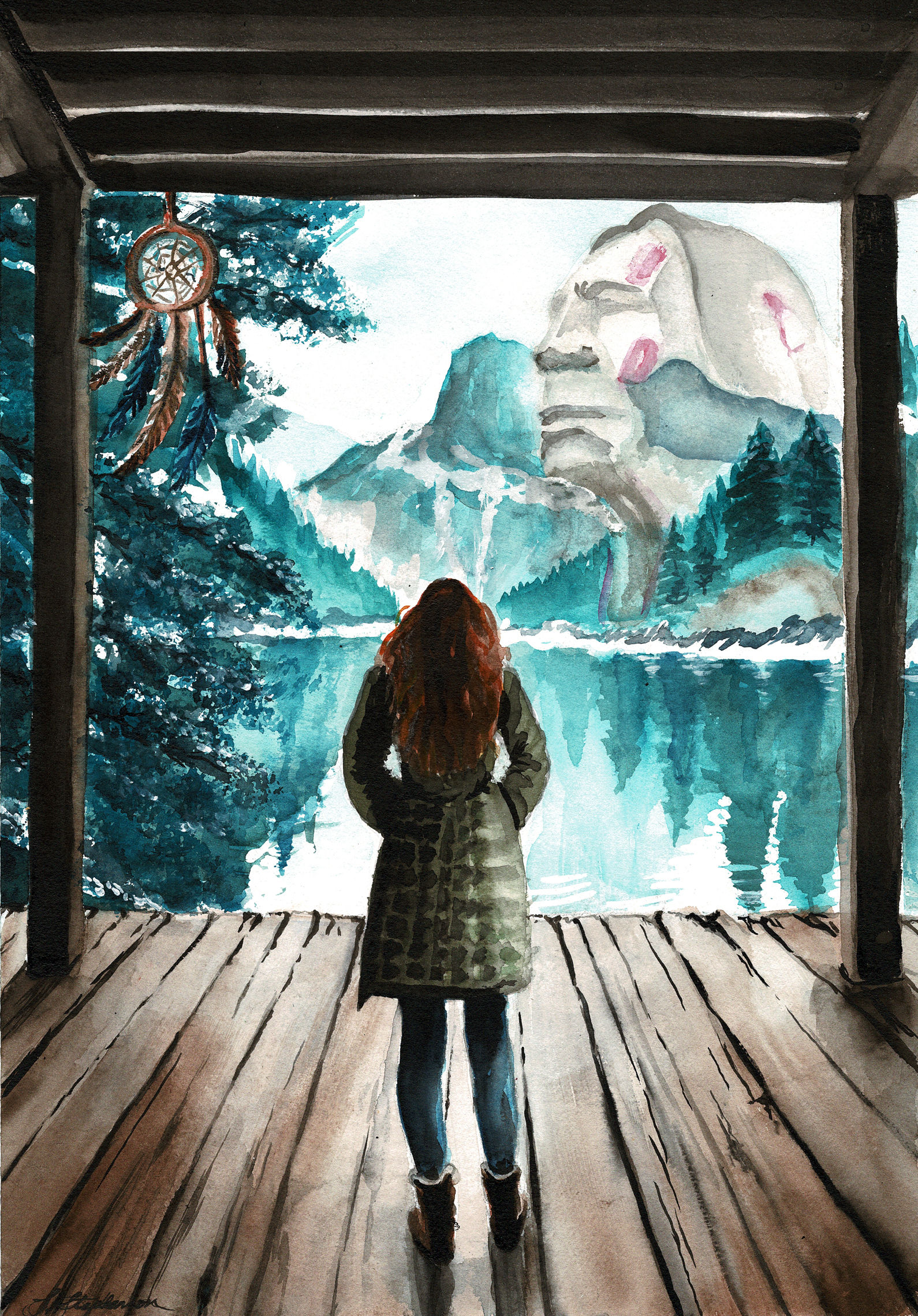 Glass Lake original watercolor painting by MidLifeArtist – cover art for L.M. Stephenson short story, woman on dock with ance