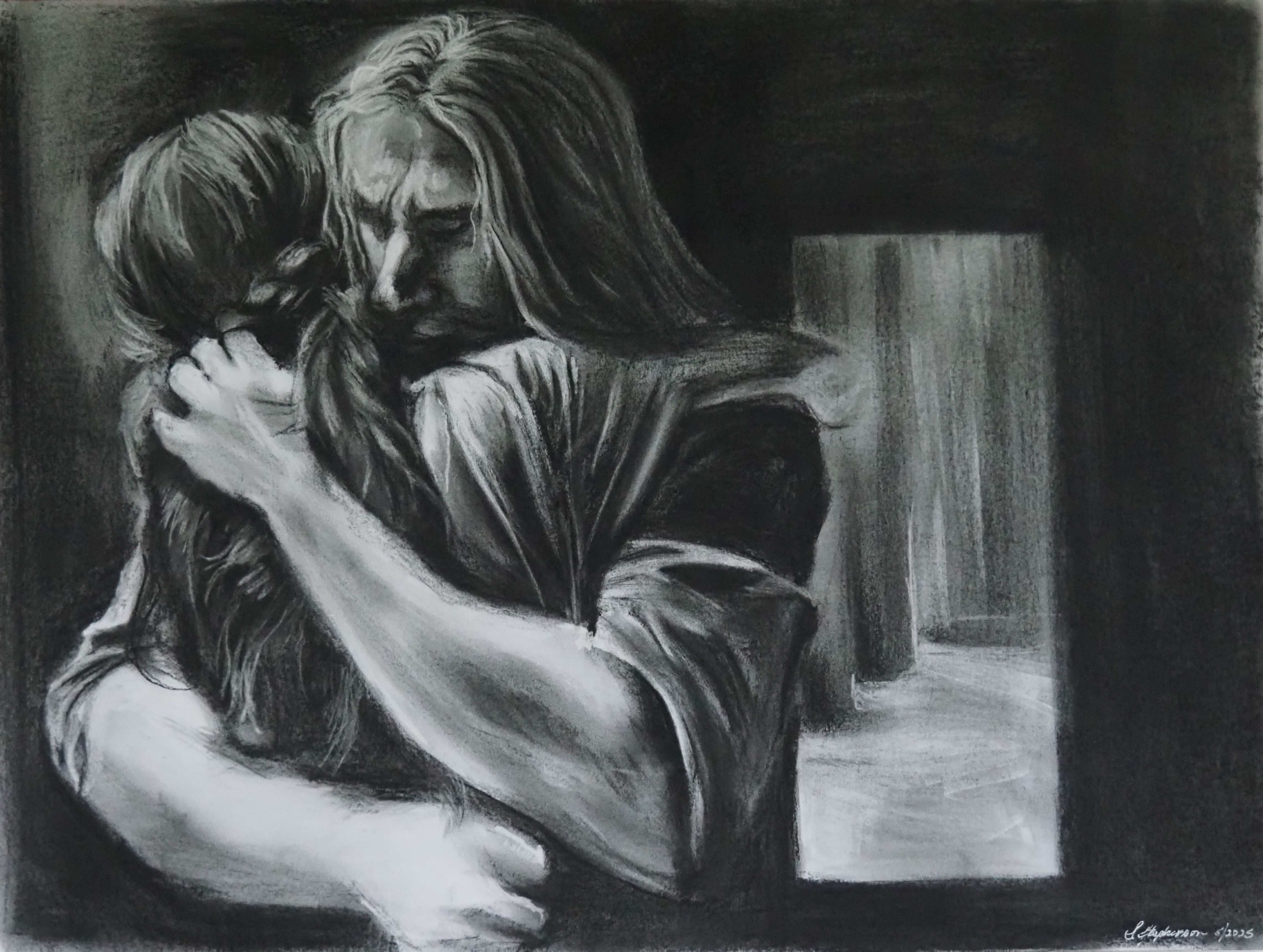 Framed original Desire (The Embrace) charcoal drawing by MidLifeArtist