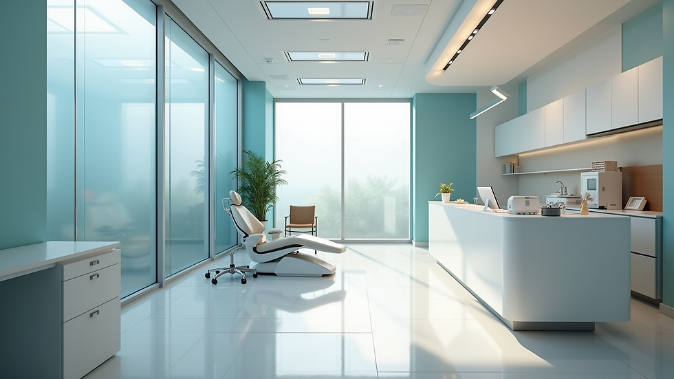 High angle view of a modern dental clinic reception area with clean and bright interior