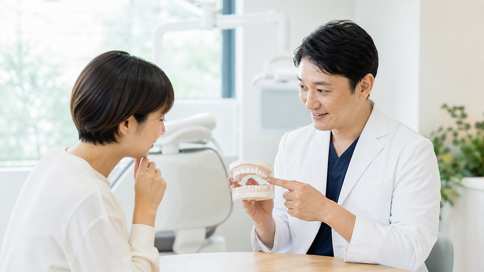 歯科診療室で歯列模型の奥歯を示し、矯正治療と噛み合わせについて患者へ説明する歯科医師