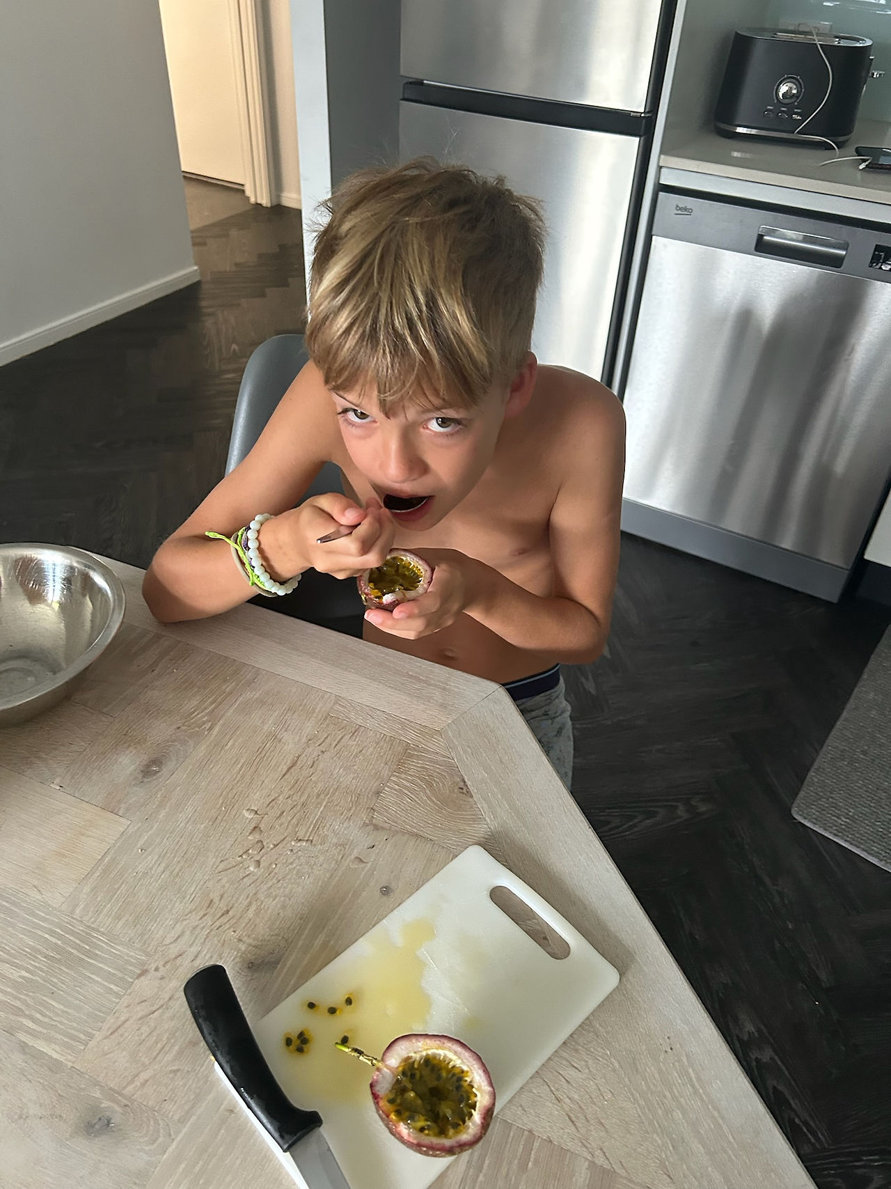 Eating passion fruit