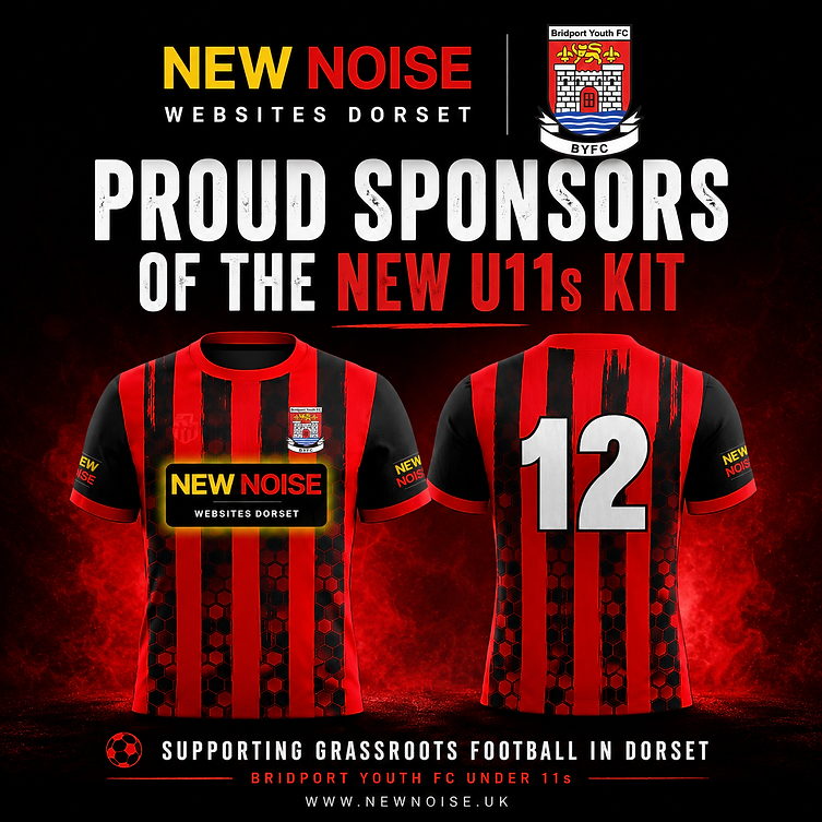 Community sponsorship by New Noise Websites Dorset supporting Bridport Youth FC Under 11s with a new football kit for youth grassroots football in Bridport, Dorset.