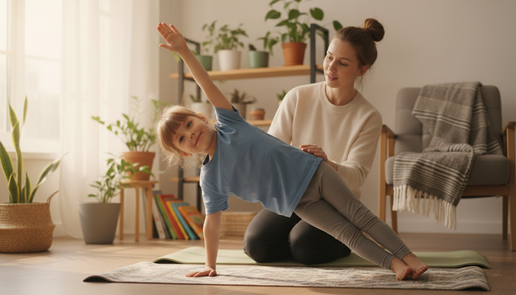 Göz hizası görünümde bir çocuk egzersiz matında yan plank pozisyonunu öğreniyor.