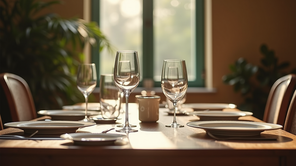 Eye-level view of a neatly set Italian dining table with plates and glasses