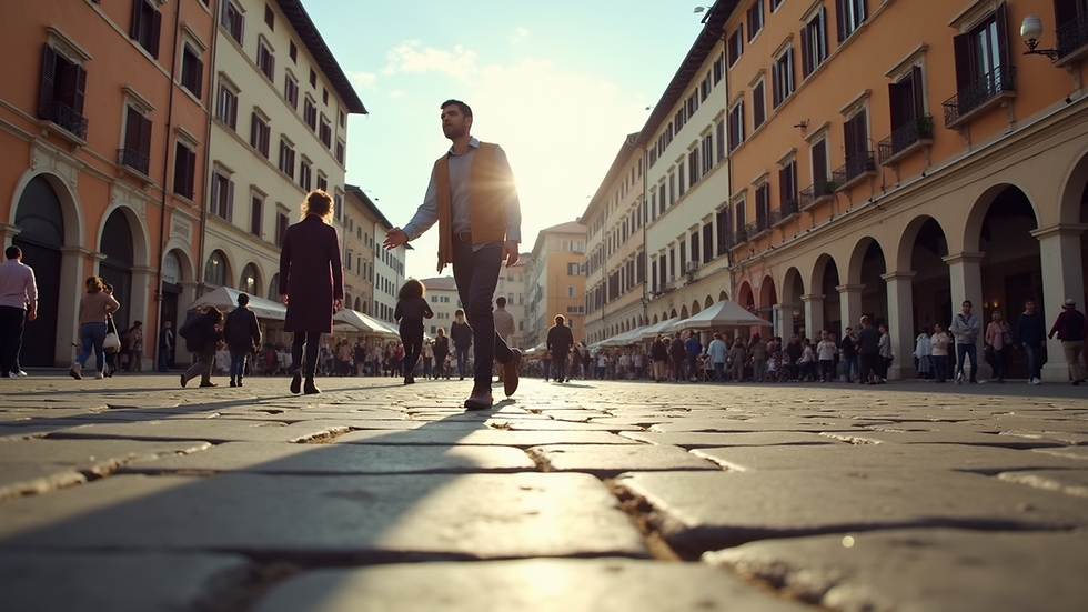 Eye-level view of a traditional Italian piazza bustling with people during la passeggiata