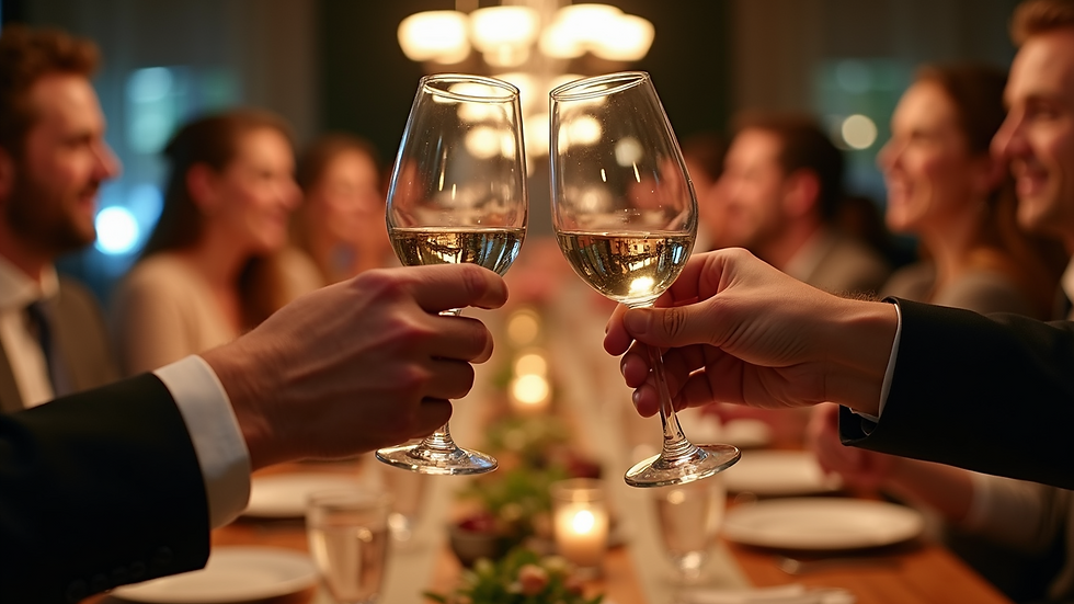 Eye-level view of a group of people raising glasses for a toast at an Italian dinner