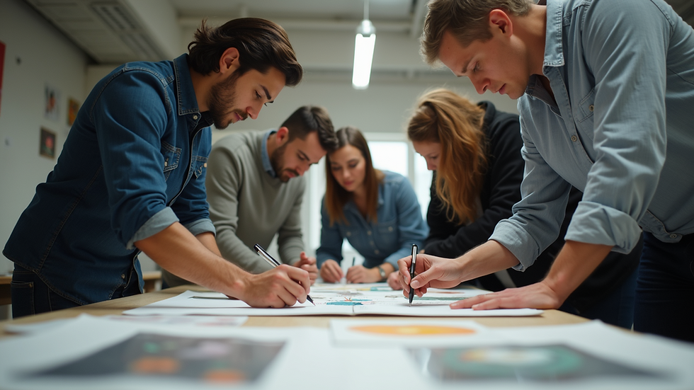 Eye-level view of a team collaborating on a creative art project
