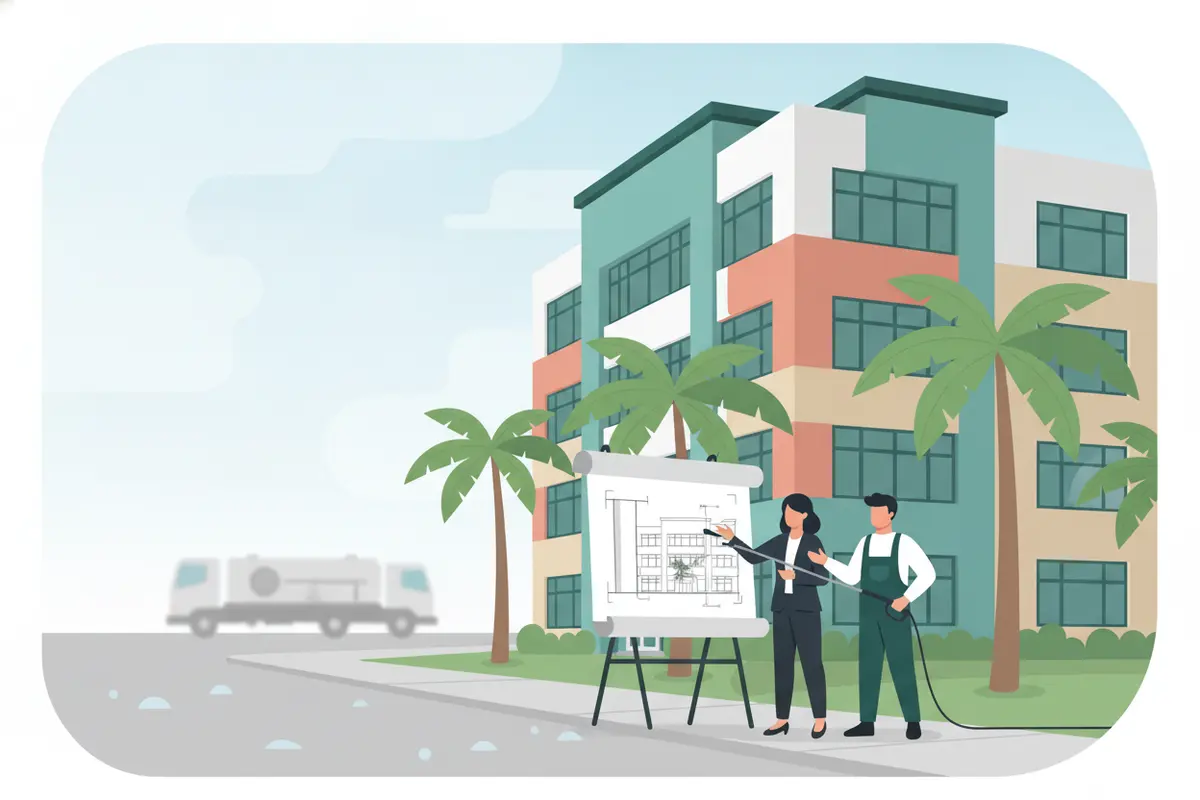 A property manager reviewing a commercial exterior cleaning scope for a West Palm Beach building