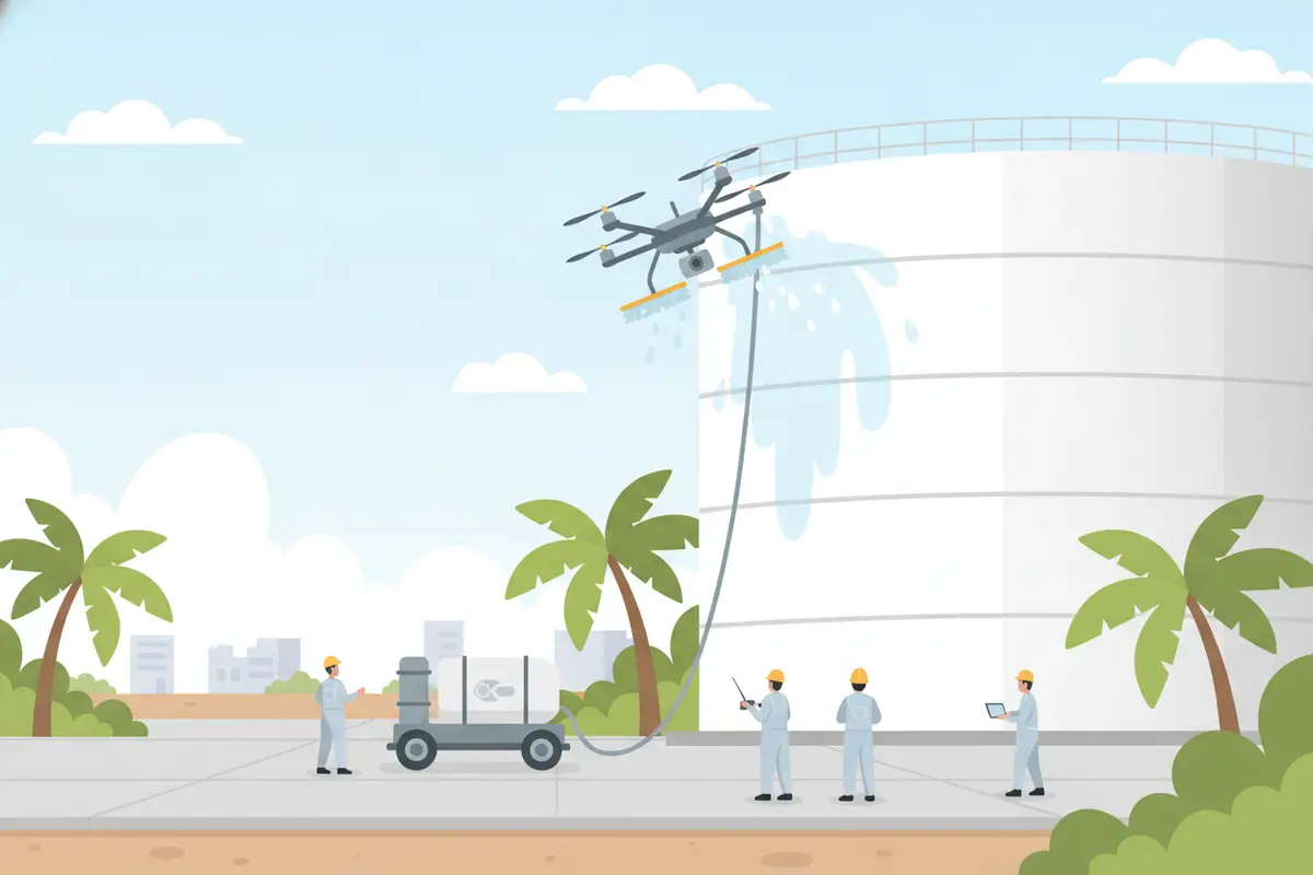 Flat vector illustration showing a drone cleaning the outside wall of a commercial water tank