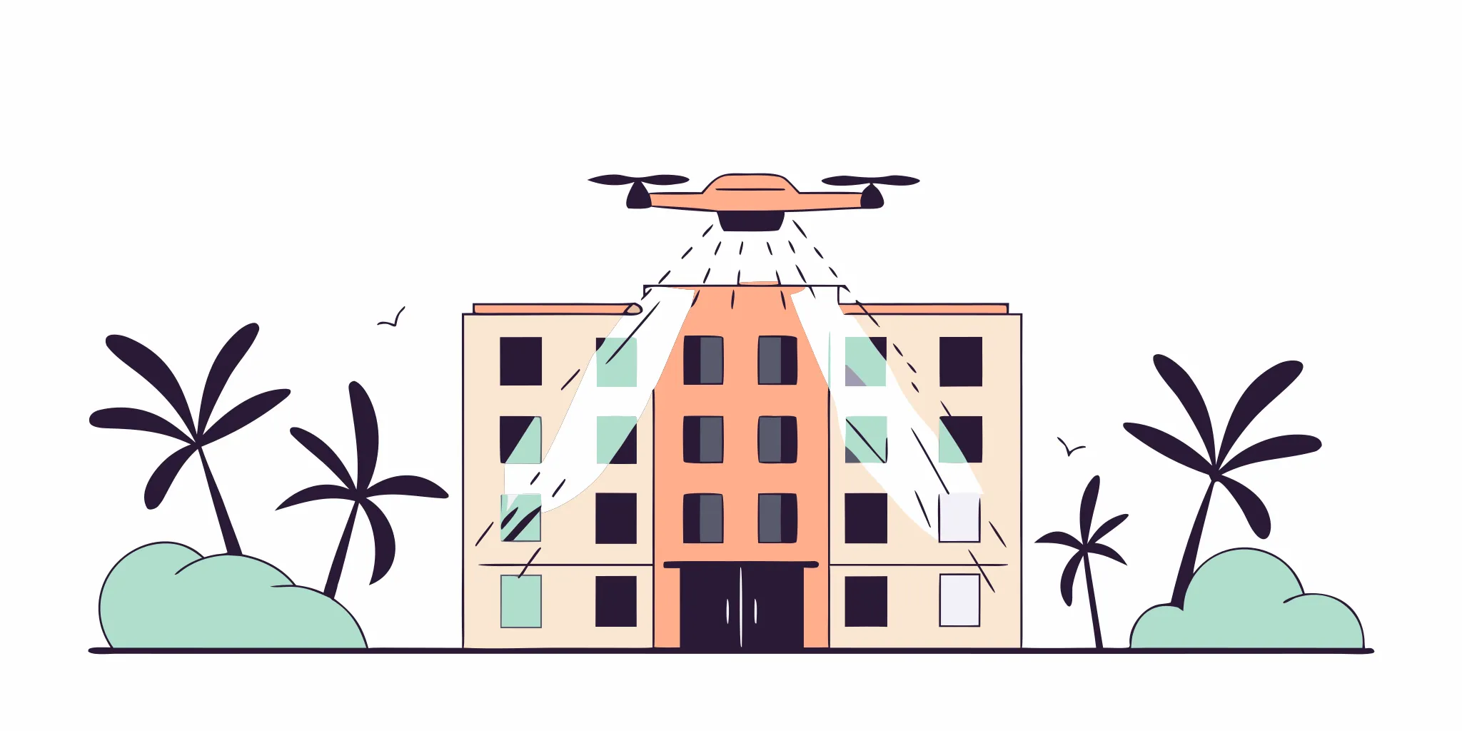 Drone approaching a multi-story South Florida commercial building for window cleaning
