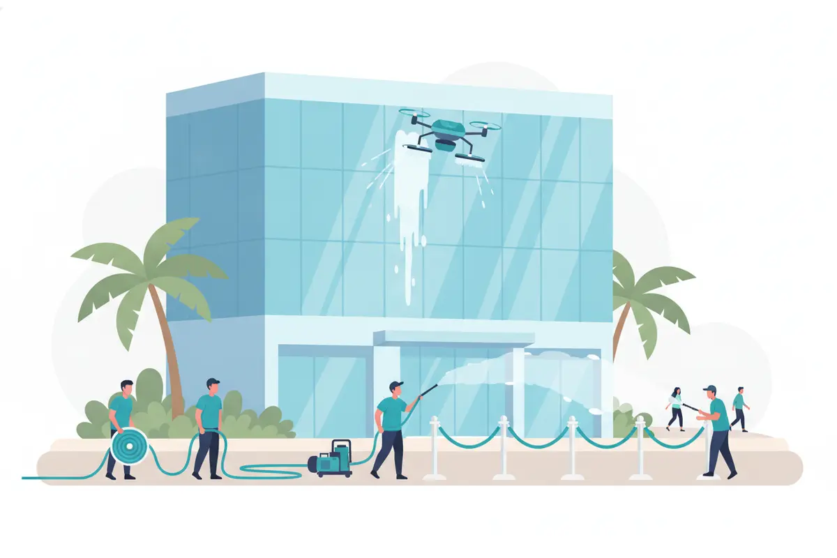 Illustration of a team planning a commercial window cleaning scope