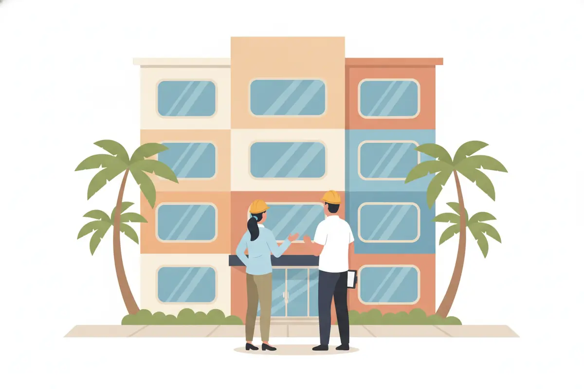 Property manager and cleaning professional reviewing a commercial building exterior