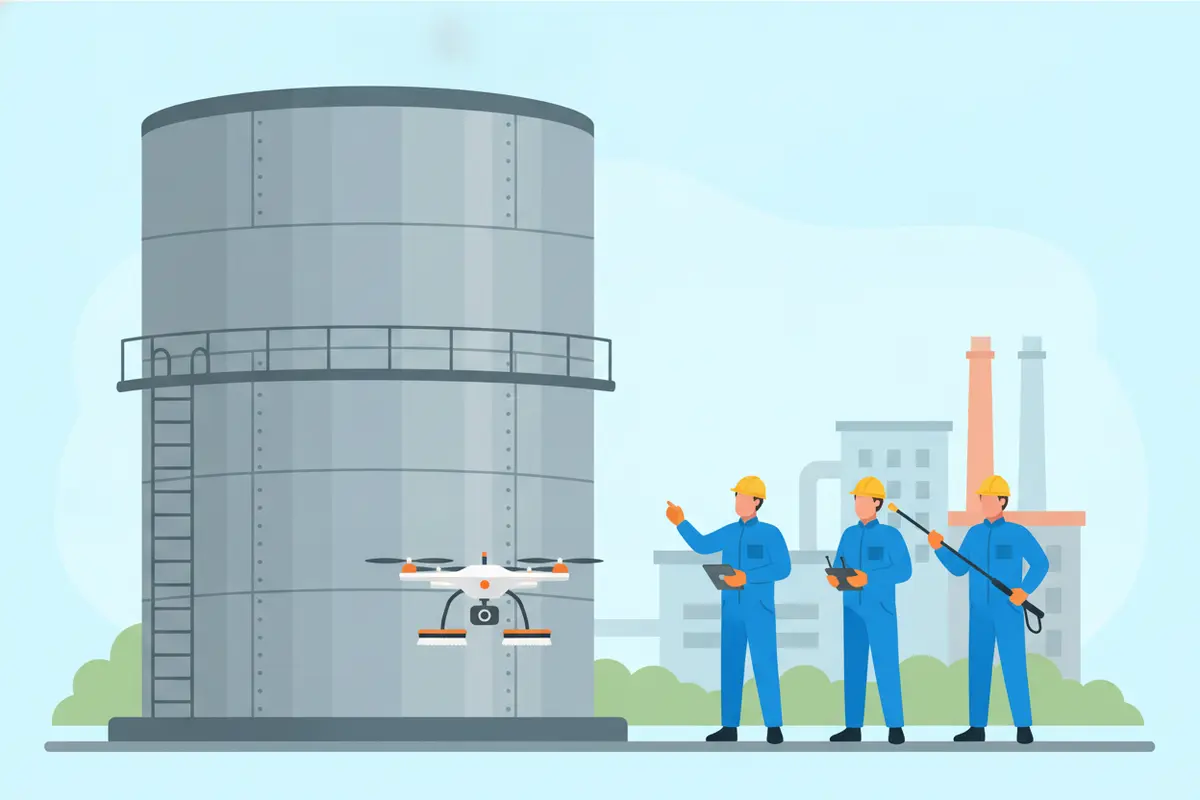 Illustration of a cleaning team assessing access and exterior condition around a water tank