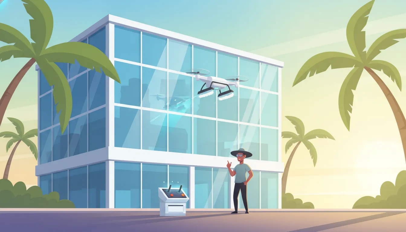 sunny isles commercial window cleaning with an operator planning exterior glass work